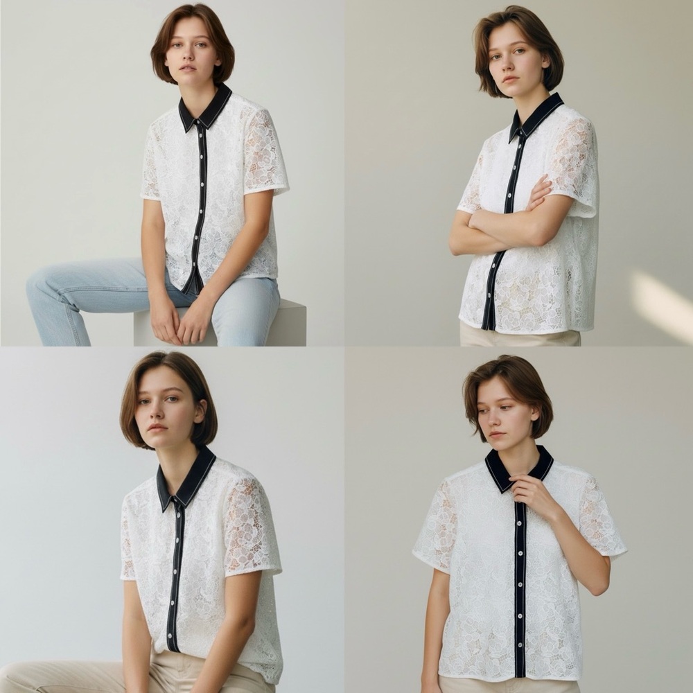 KARL LAGERFELD PARIS Lace Button-Up Blouse Contrast-Trim Point Collar - Picture 7 of 10
